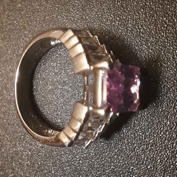 Vintage Lavender Glass Stone & Clear Cubic Zirconia Stones Silver Tone Ring, 9 - Picture 1 of 10